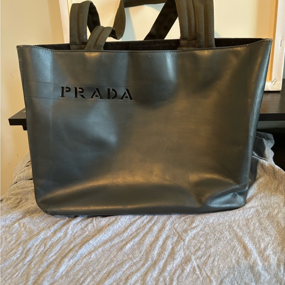 Prada Handbags - Vintage Prada Spazzolato Leather Tote – Laser-Cut Logo – Black